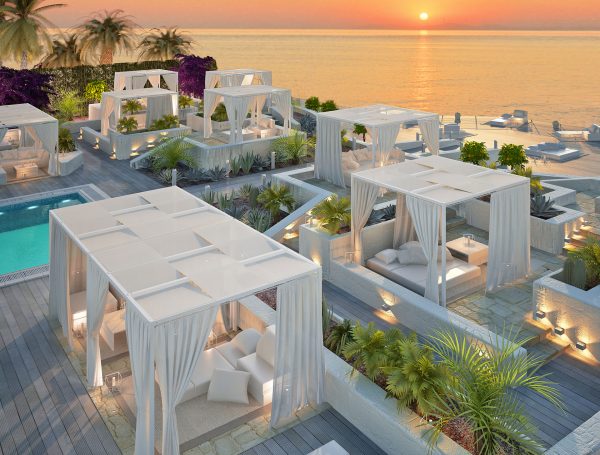 Aménagement de terrasse de restaurant avec pergolas en bord de mer